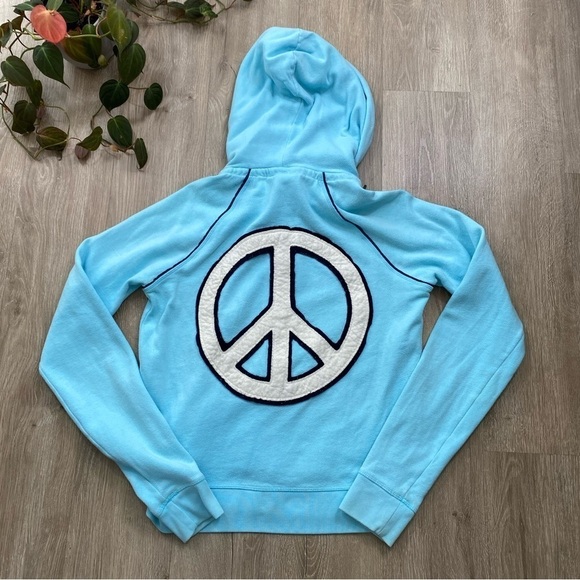Vintage Y2K 00’s 08’ PINK Victoria's Secret Light Blue Peace Sign Zip Up Hoodie - Picture 1 of 16